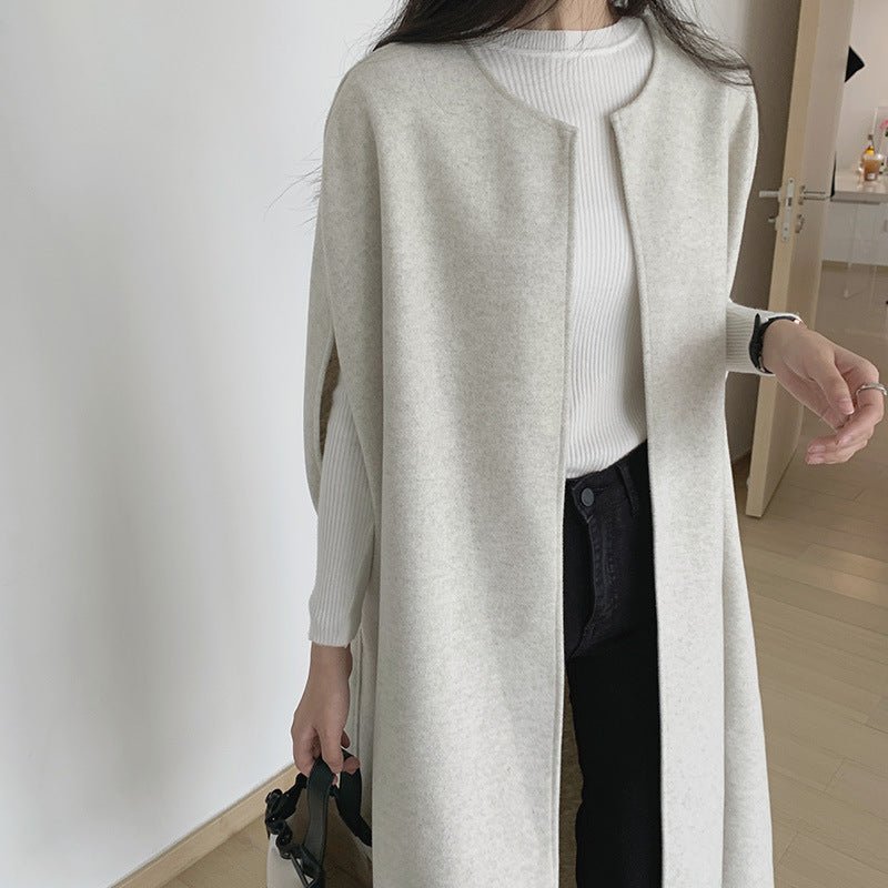 Sleeveless Cape Vest | Minimalist Long Wool-Blend Gilet Coat (MS204) by Mariam's Collection