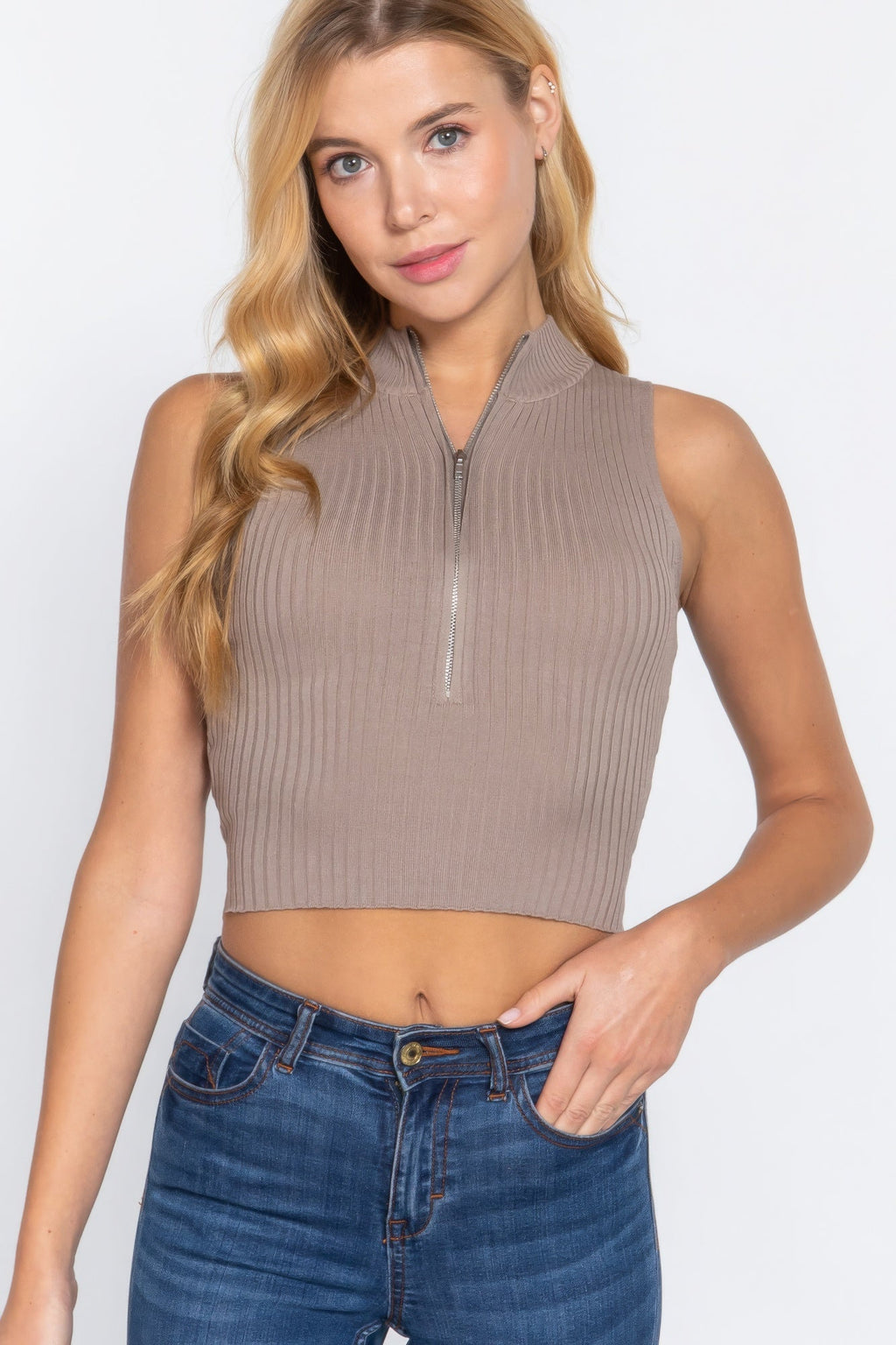 Sleeveless Rib Sweater Top W/zipper by Tigbul's Variety Fashion Shop