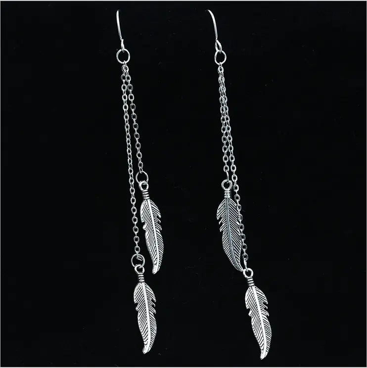Trendy Leaf Earrings with Tassel Chain and Feathers by Trendy Attic Store01