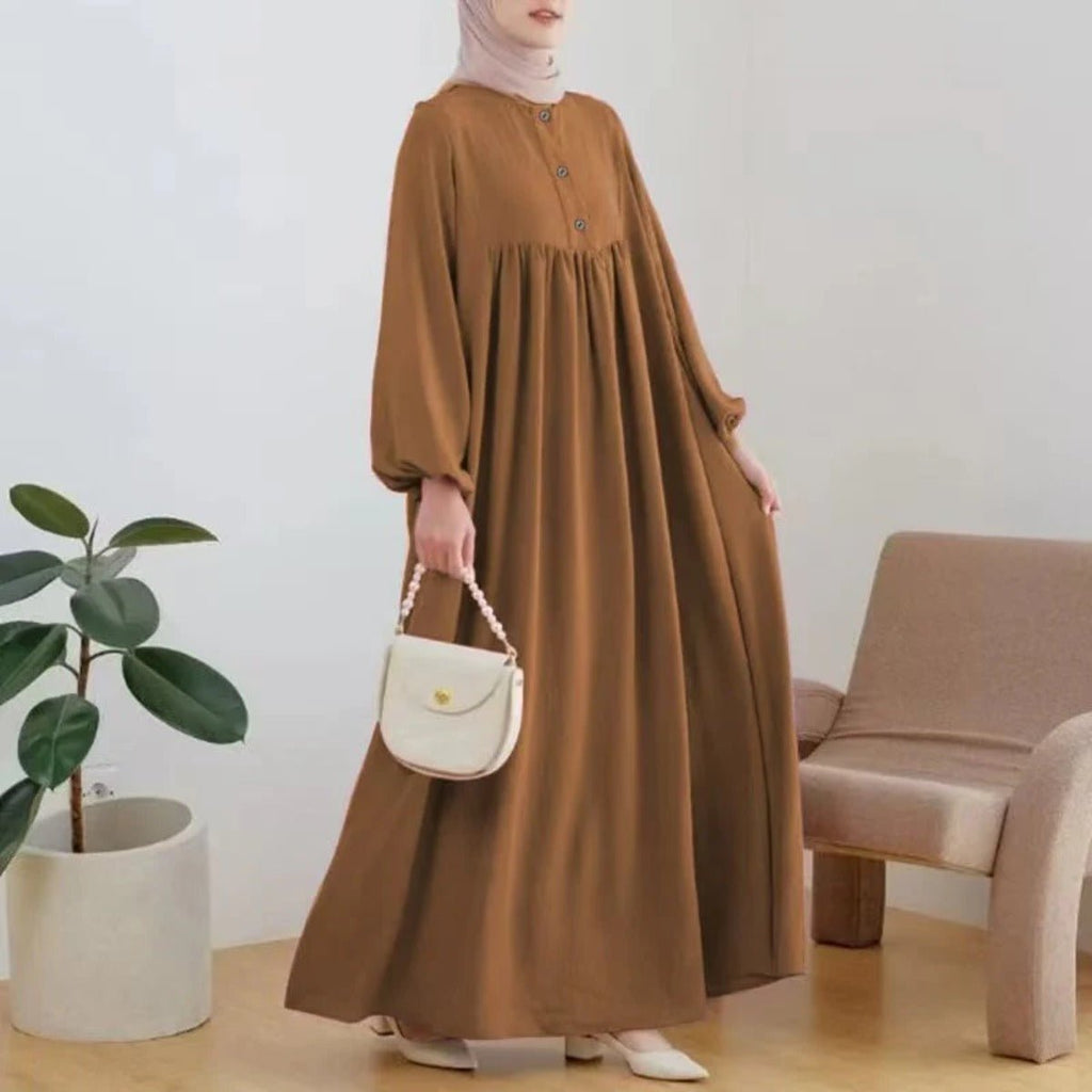 Solid Color Bubble Sleeve with Button Casual & Elegant Long Maxi Dress Abaya (MA157) by Mariam's Collection