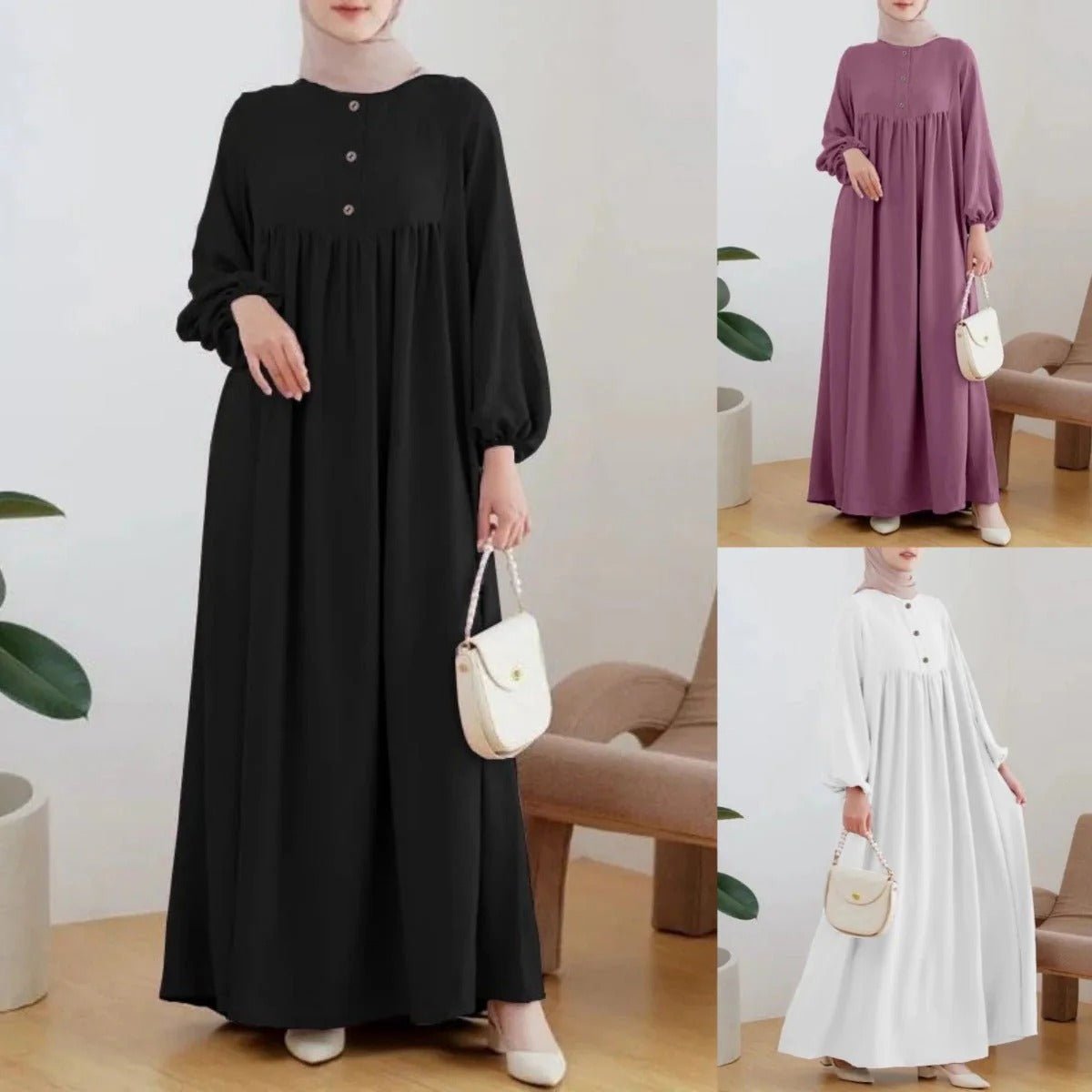 Solid Color Bubble Sleeve with Button Casual & Elegant Long Maxi Dress Abaya (MA157) by Mariam's Collection