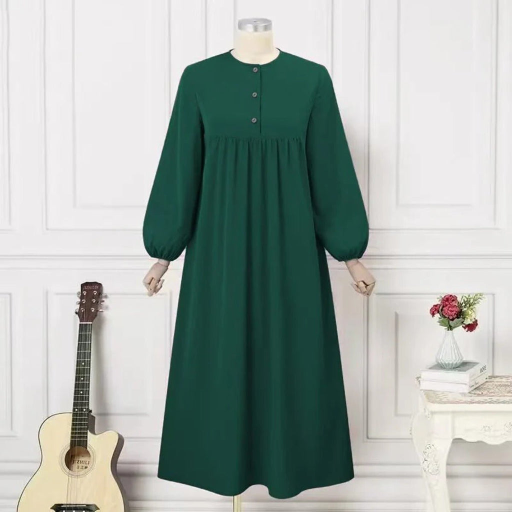 Solid Color Bubble Sleeve with Button Casual & Elegant Long Maxi Dress Abaya (MA157) by Mariam's Collection