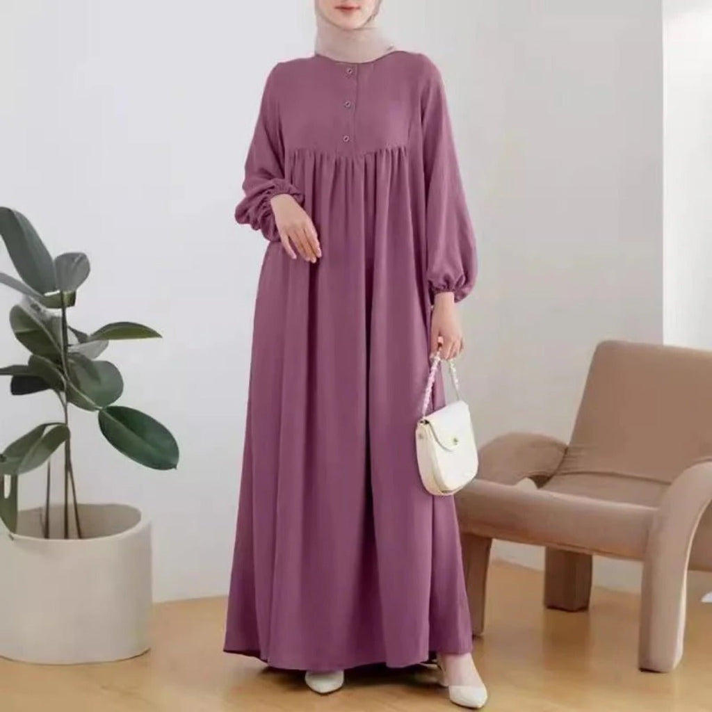 Solid Color Bubble Sleeve with Button Casual & Elegant Long Maxi Dress Abaya (MA157) by Mariam's Collection
