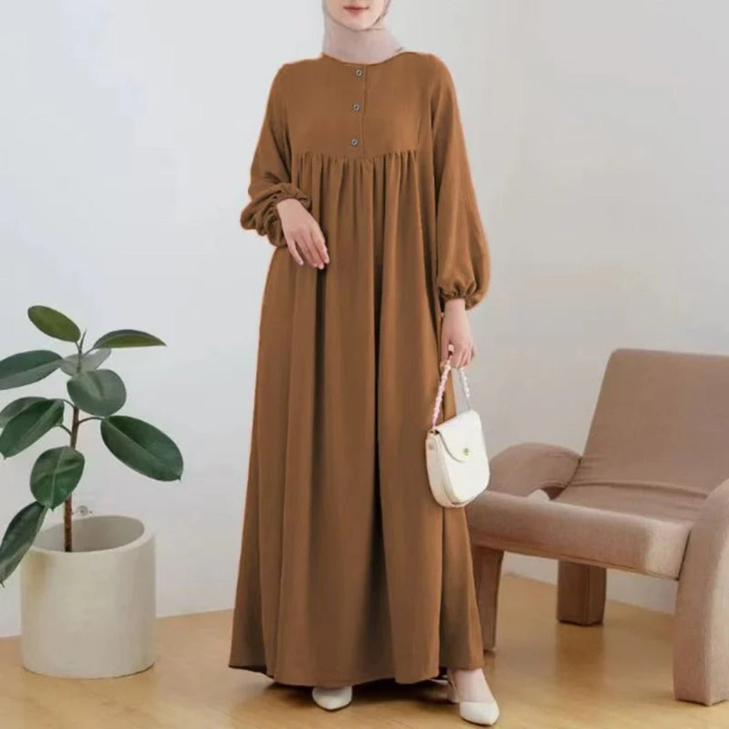 Solid Color Bubble Sleeve with Button Casual & Elegant Long Maxi Dress Abaya (MA157) by Mariam's Collection