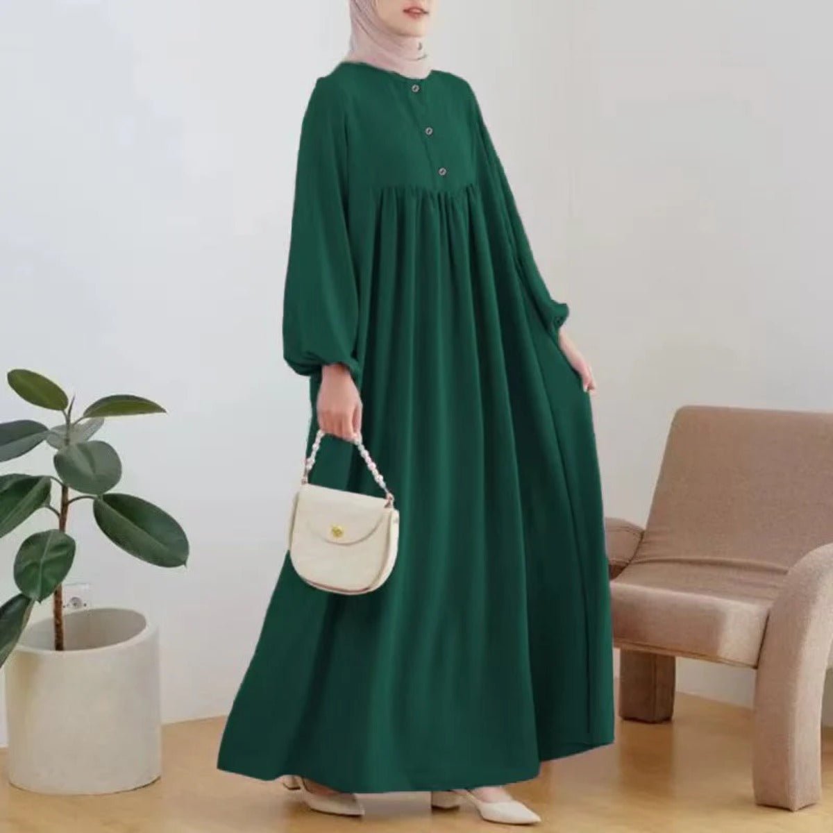 Solid Color Bubble Sleeve with Button Casual & Elegant Long Maxi Dress Abaya (MA157) by Mariam's Collection