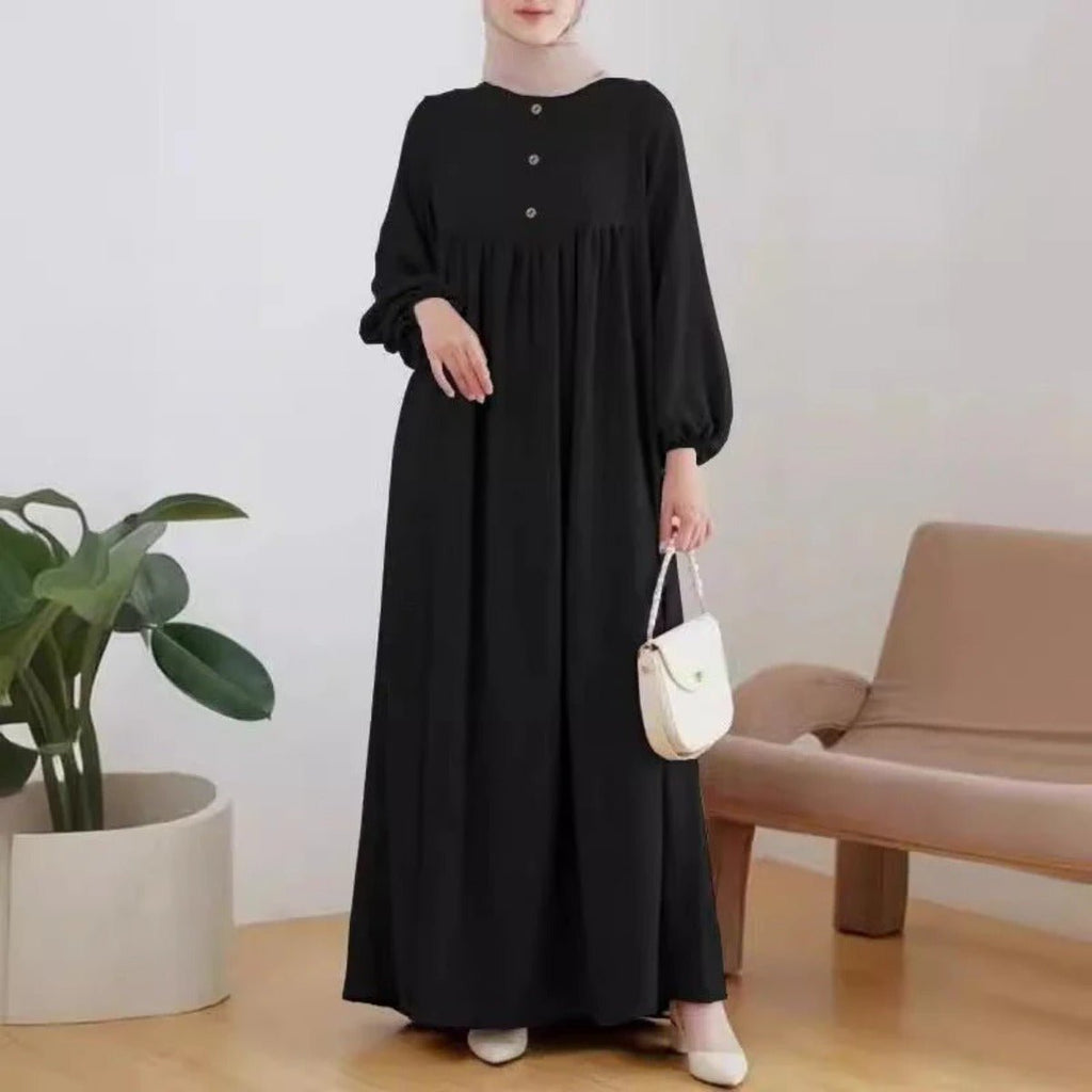 Solid Color Bubble Sleeve with Button Casual & Elegant Long Maxi Dress Abaya (MA157) by Mariam's Collection