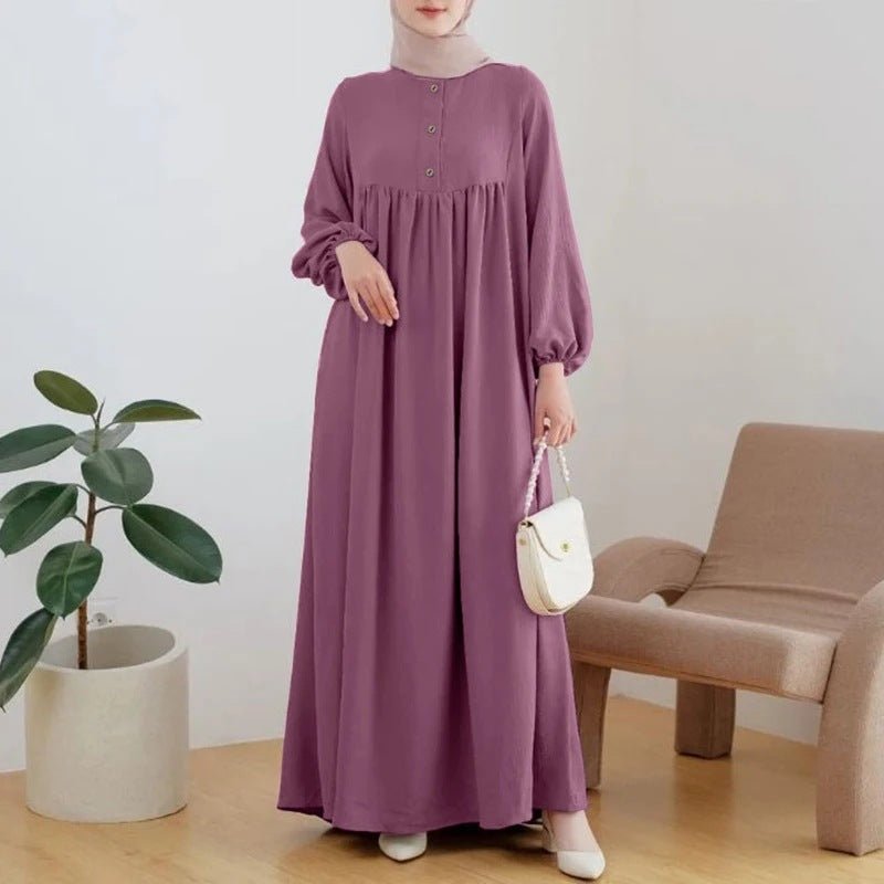 Solid Color Bubble Sleeve with Button Casual & Elegant Long Maxi Dress Abaya (MA157) by Mariam's Collection