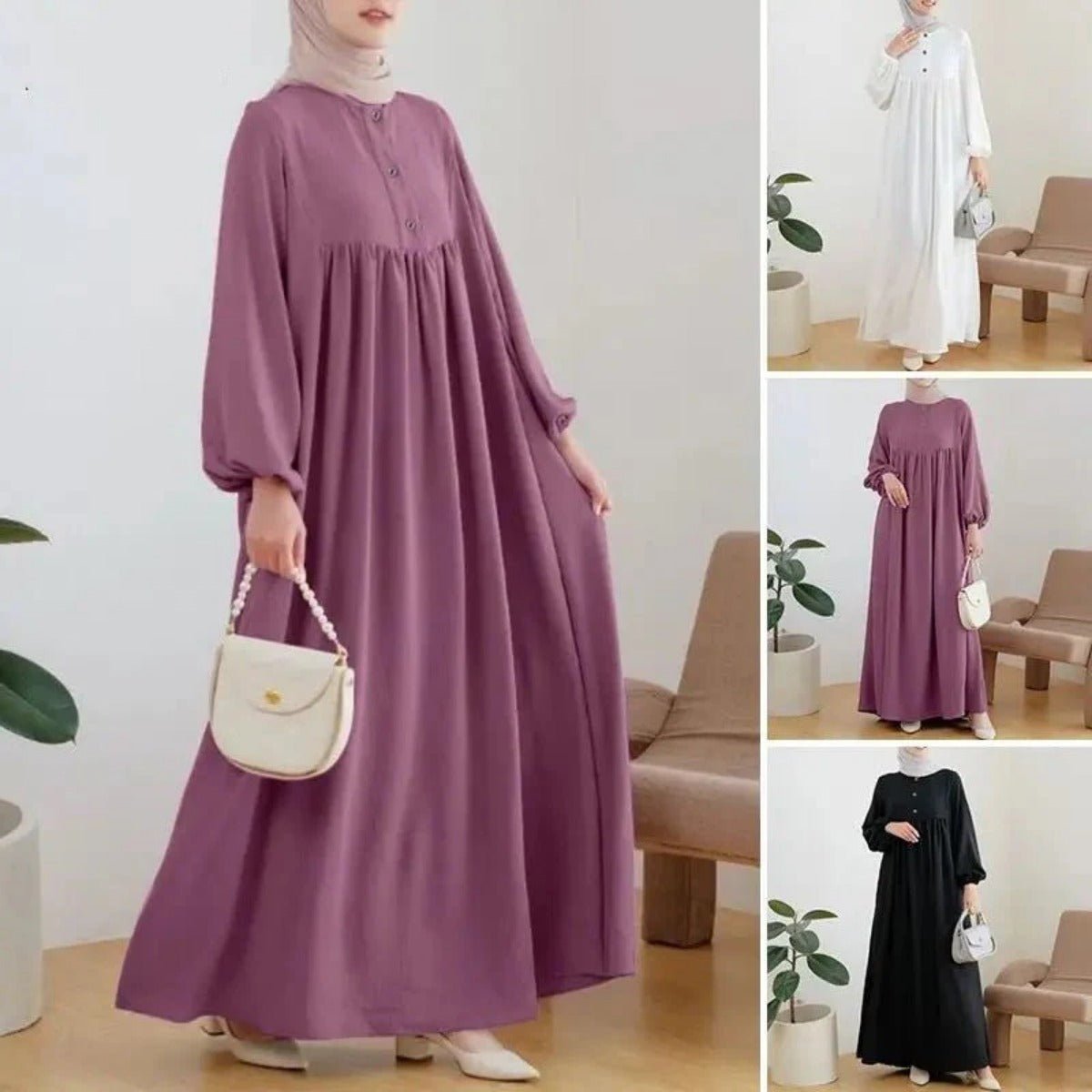 Solid Color Bubble Sleeve with Button Casual & Elegant Long Maxi Dress Abaya (MA157) by Mariam's Collection