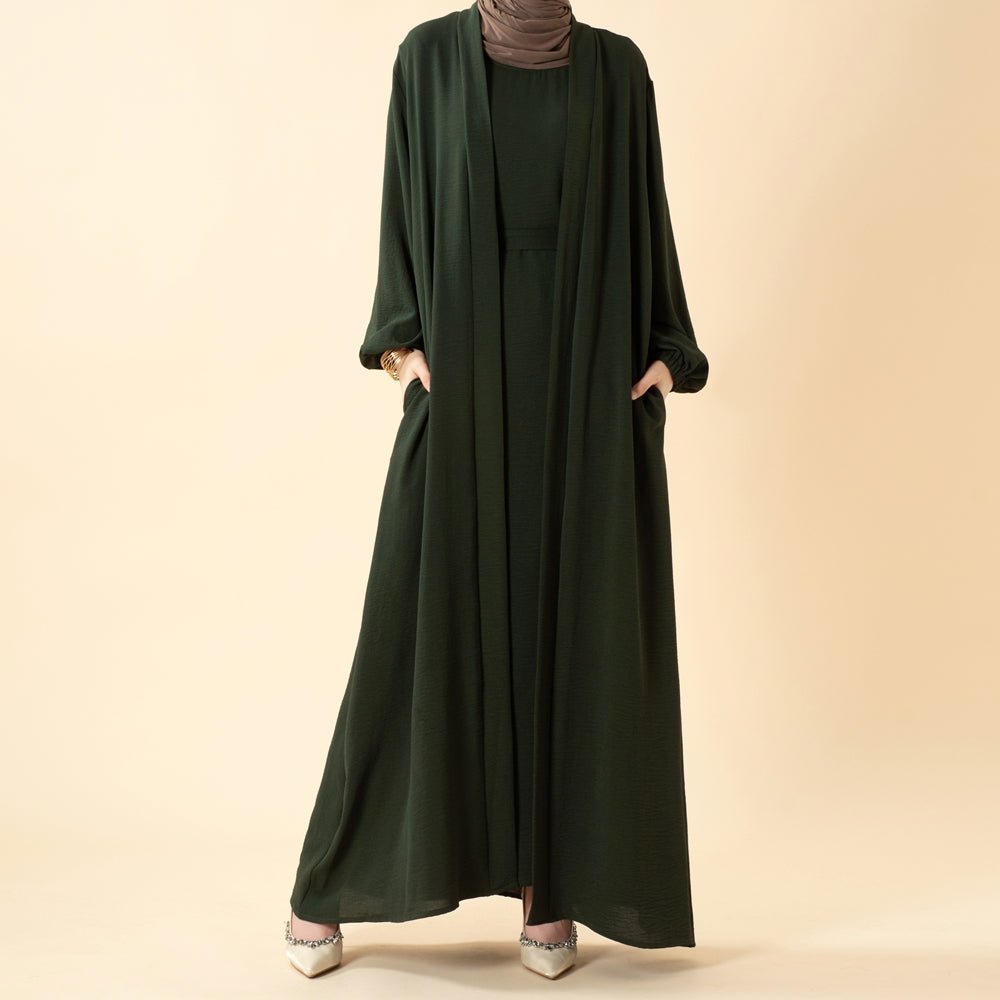 Solid Color Elegant Open Abaya with Pockets | 3-Piece Set Open Abaya (MOA092) by Mariam's Collection