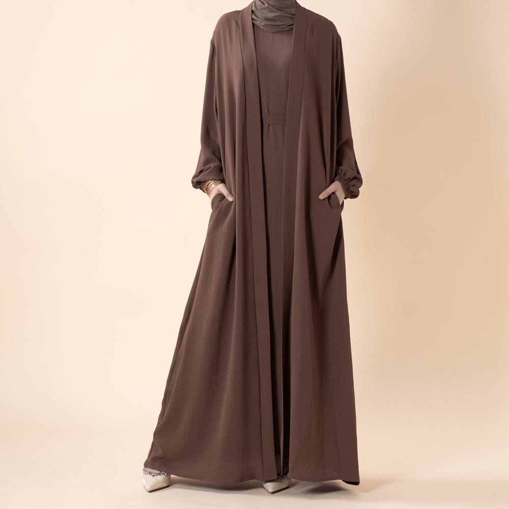 Solid Color Elegant Open Abaya with Pockets | 3-Piece Set Open Abaya (MOA092) by Mariam's Collection