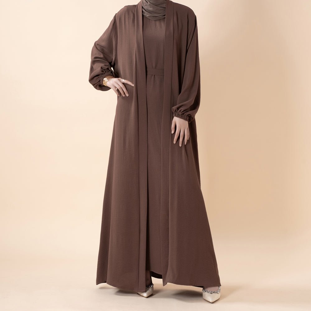 Solid Color Elegant Open Abaya with Pockets | 3-Piece Set Open Abaya (MOA092) by Mariam's Collection