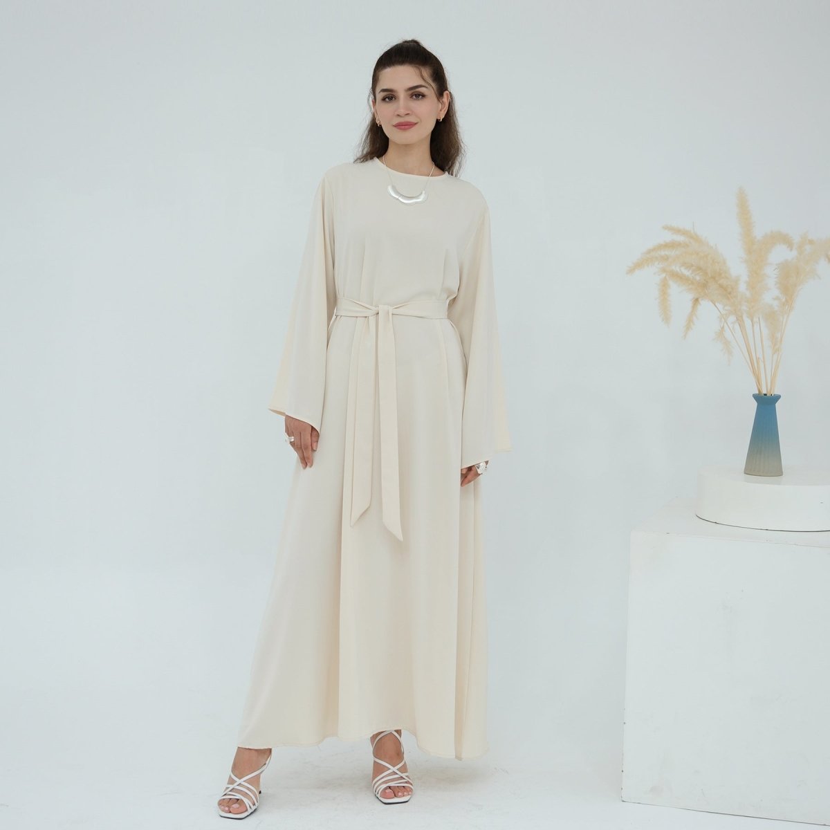 Solid Color Nida Abaya with Belt | A-Line Maxi Dress Abaya (MA359) by Mariam's Collection