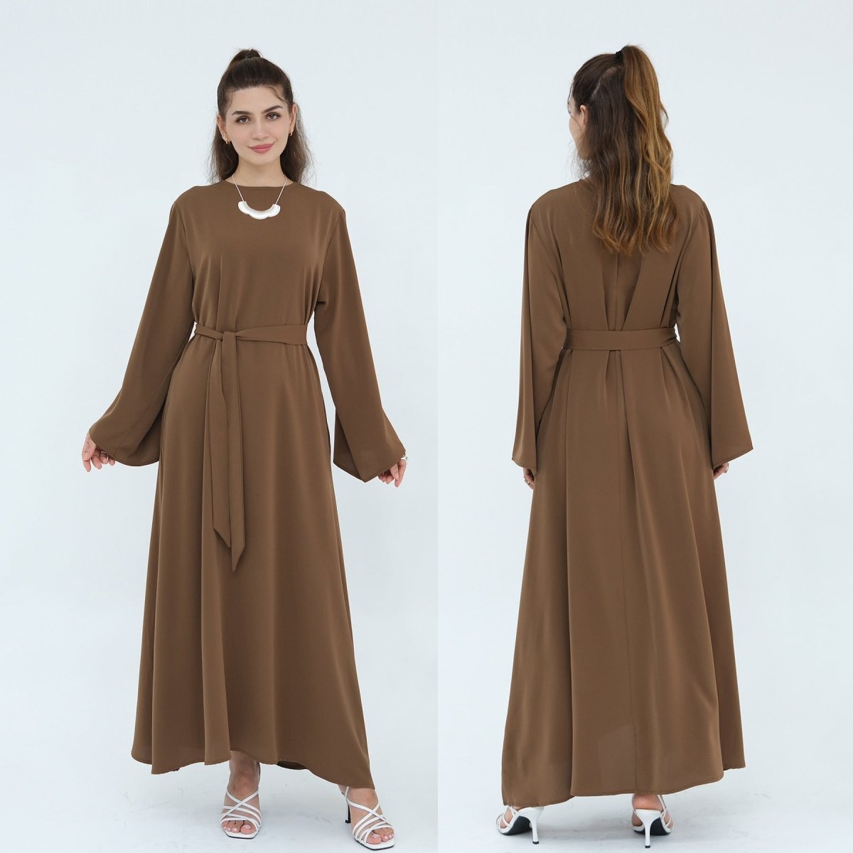 Solid Color Nida Abaya with Belt | A-Line Maxi Dress Abaya (MA359) by Mariam's Collection