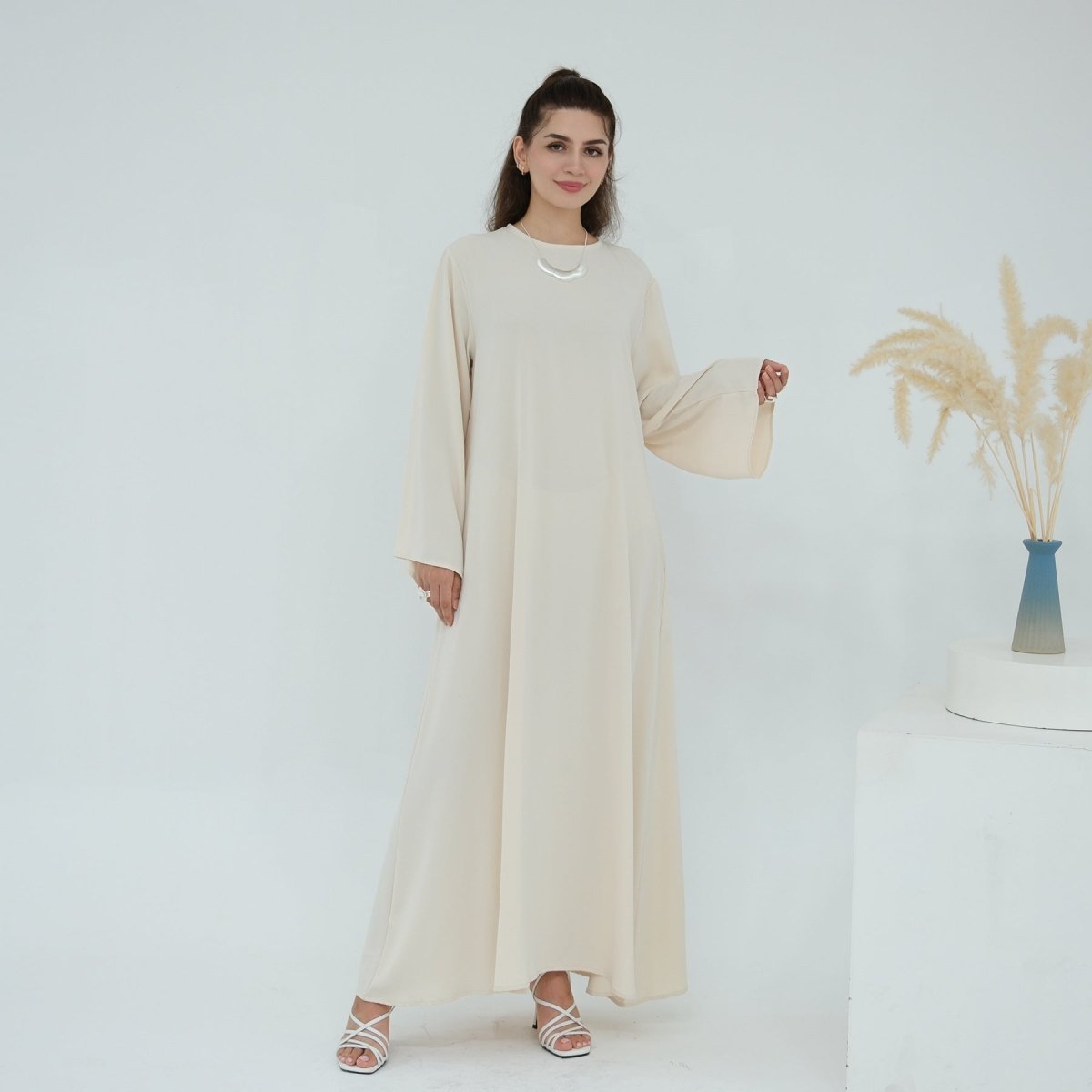 Solid Color Nida Abaya with Belt | A-Line Maxi Dress Abaya (MA359) by Mariam's Collection