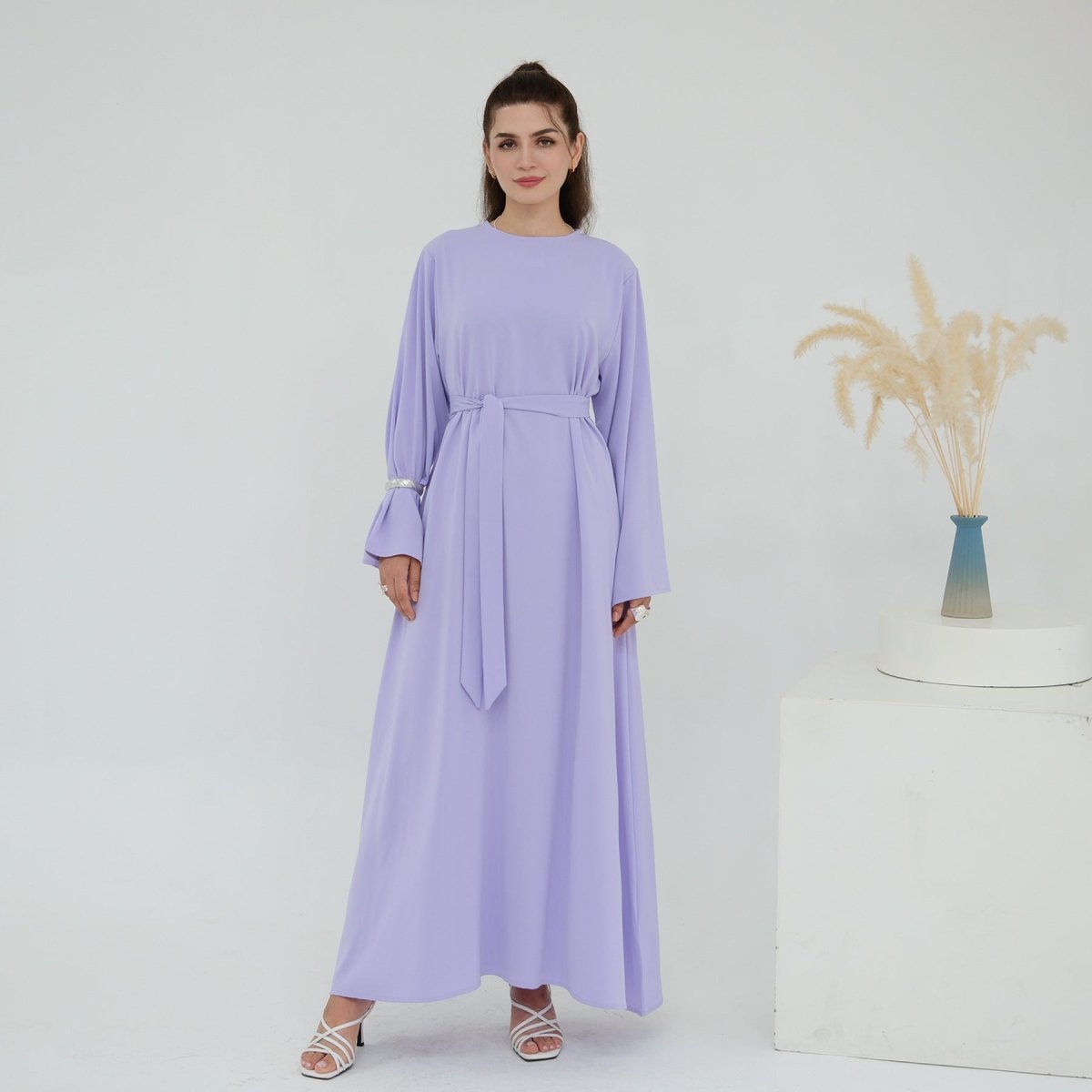 Solid Color Nida Abaya with Belt | A-Line Maxi Dress Abaya (MA359) by Mariam's Collection