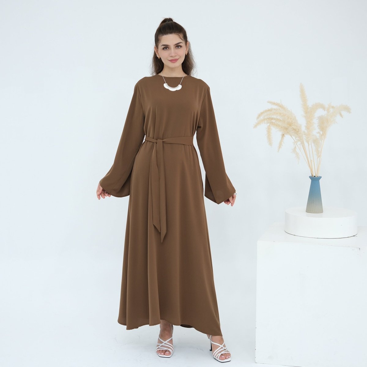 Solid Color Nida Abaya with Belt | A-Line Maxi Dress Abaya (MA359) by Mariam's Collection