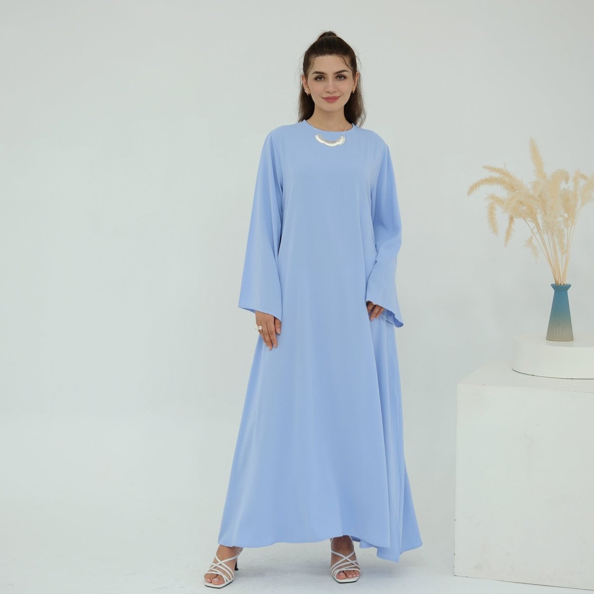 Solid Color Nida Abaya with Belt | A-Line Maxi Dress Abaya (MA359) by Mariam's Collection
