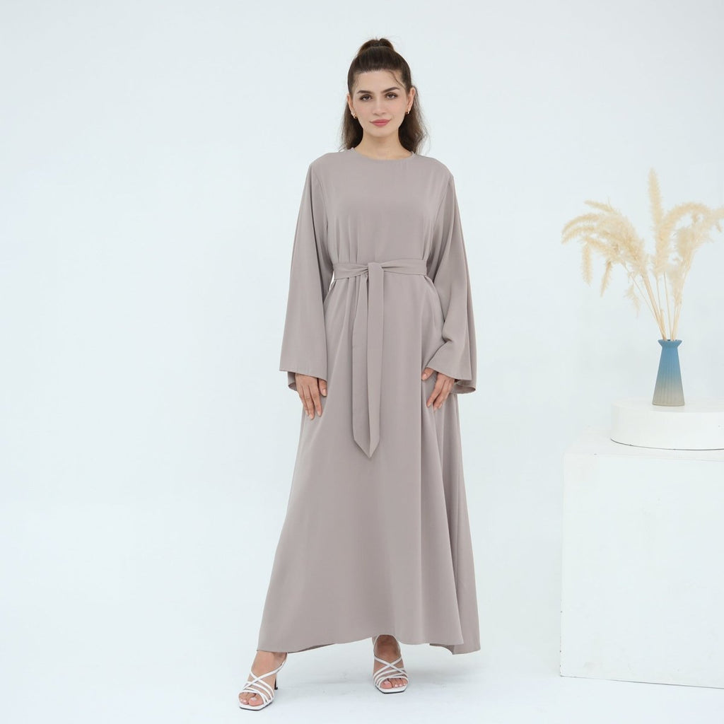 Solid Color Nida Abaya with Belt | A-Line Maxi Dress Abaya (MA359) by Mariam's Collection