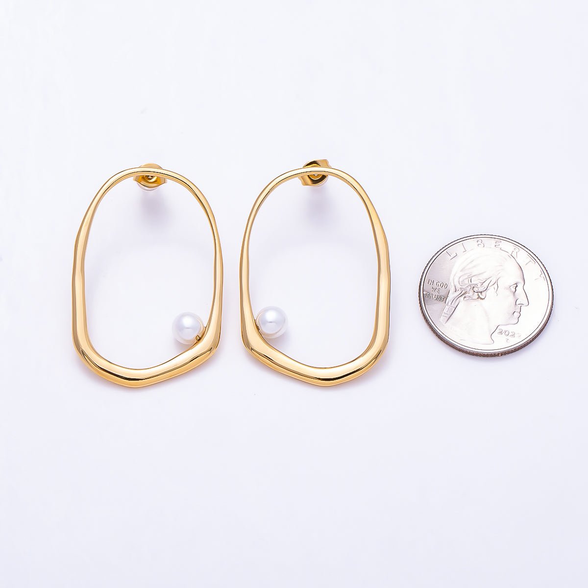 Stainless Steel PVD Gold 40mm Shell Pearl Edged Geometric Open Rectangle Stud | Earrings-00729 by DLUXCA