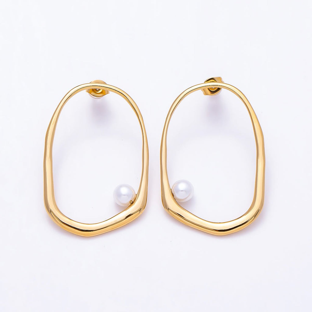 Stainless Steel PVD Gold 40mm Shell Pearl Edged Geometric Open Rectangle Stud | Earrings-00729 by DLUXCA