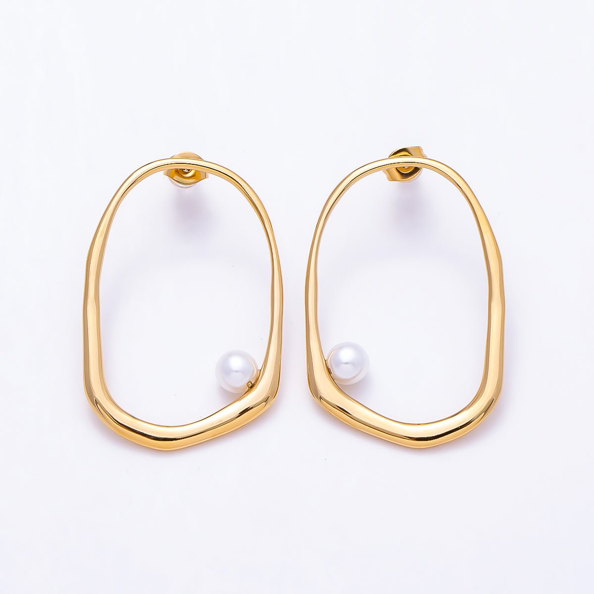 Stainless Steel PVD Gold 40mm Shell Pearl Edged Geometric Open Rectangle Stud | Earrings-00729 by DLUXCA