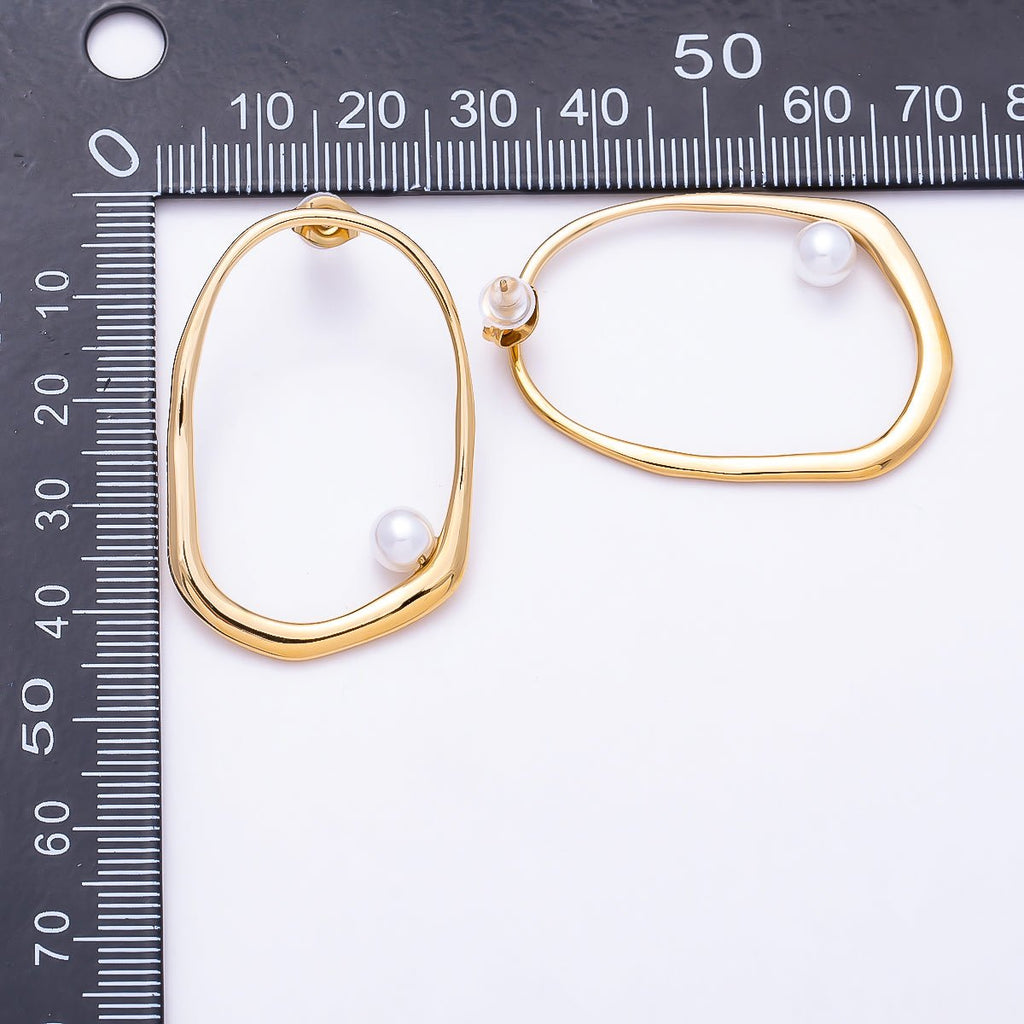 Stainless Steel PVD Gold 40mm Shell Pearl Edged Geometric Open Rectangle Stud | Earrings-00729 by DLUXCA