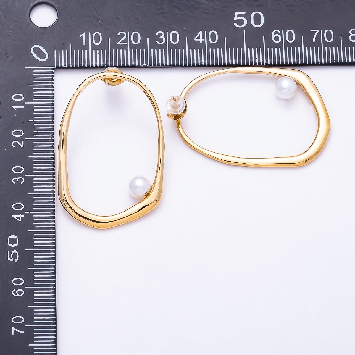 Stainless Steel PVD Gold 40mm Shell Pearl Edged Geometric Open Rectangle Stud | Earrings-00729 by DLUXCA