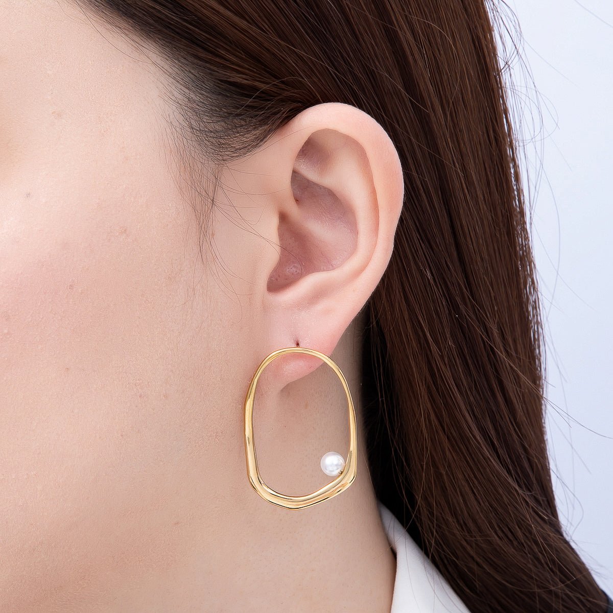 Stainless Steel PVD Gold 40mm Shell Pearl Edged Geometric Open Rectangle Stud | Earrings-00729 by DLUXCA