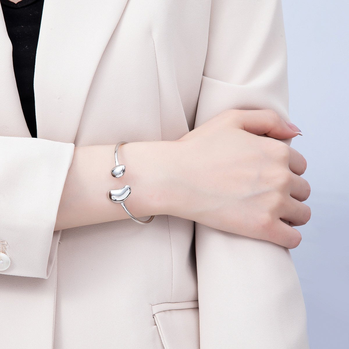 Stainless Steel Silver PVD Minimalist Molten Heart Bean Oval Wrap Cuff Bracelet | WA-01233 by DLUXCA