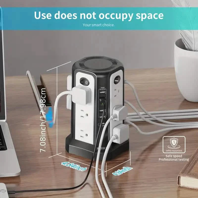 Surge Protector Tower 1800J with 4 USB A Ports, USB C (PD18W) Port, 12 AC Outlets and 10FT Cord by DailySale