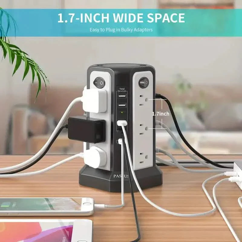 Surge Protector Tower 1800J with 4 USB A Ports, USB C (PD18W) Port, 12 AC Outlets and 10FT Cord by DailySale