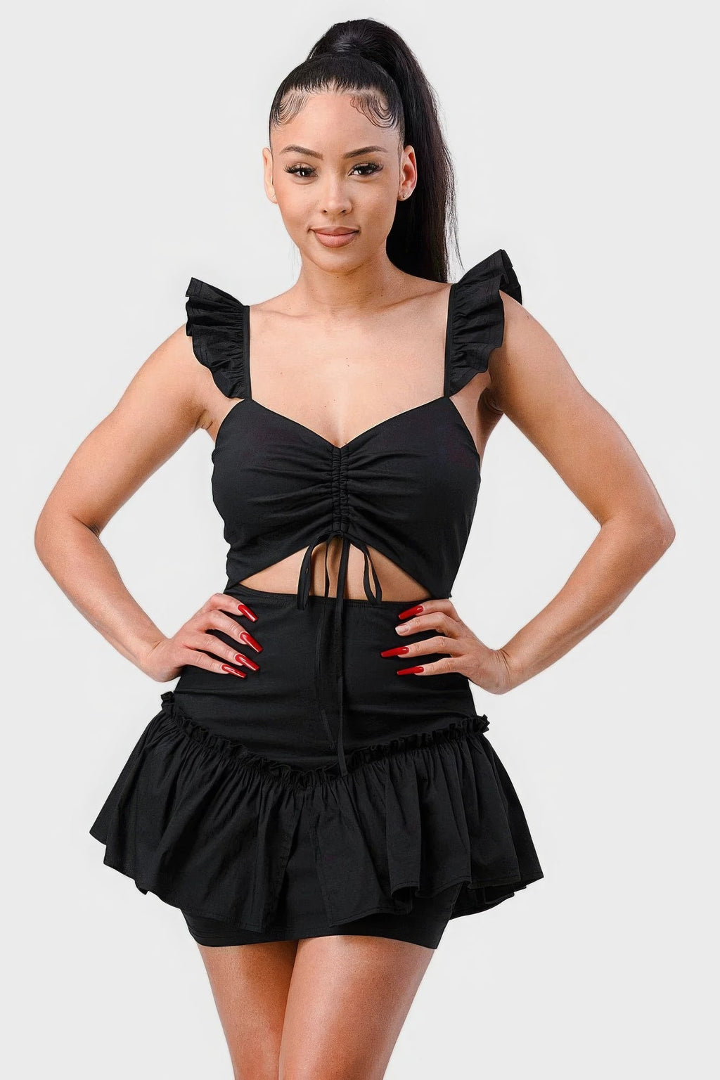 Sweetheart With Drawstring Bow Cutout Ruffled Flutter Sleeves Mini Dress by Tigbul's Variety Fashion Shop