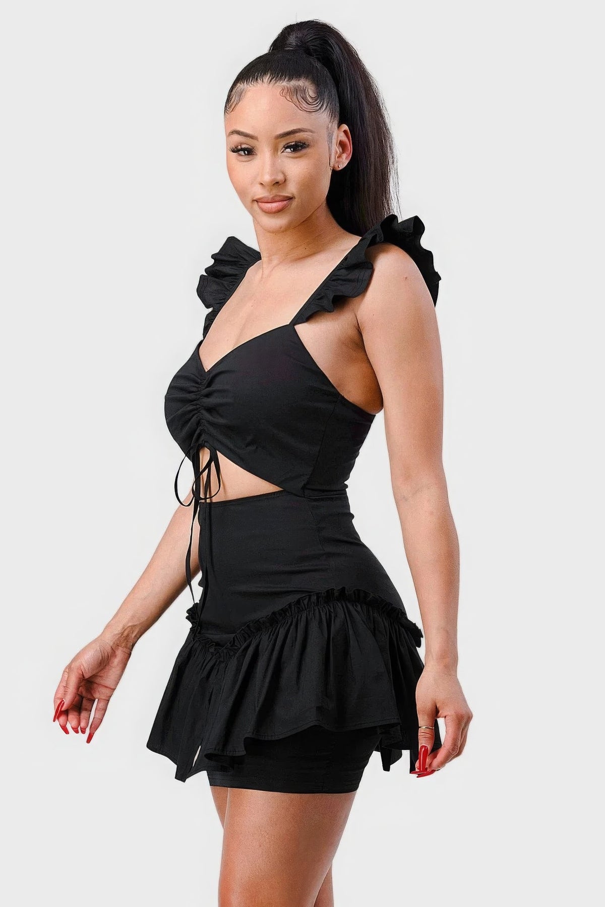 Sweetheart With Drawstring Bow Cutout Ruffled Flutter Sleeves Mini Dress by Tigbul's Variety Fashion Shop