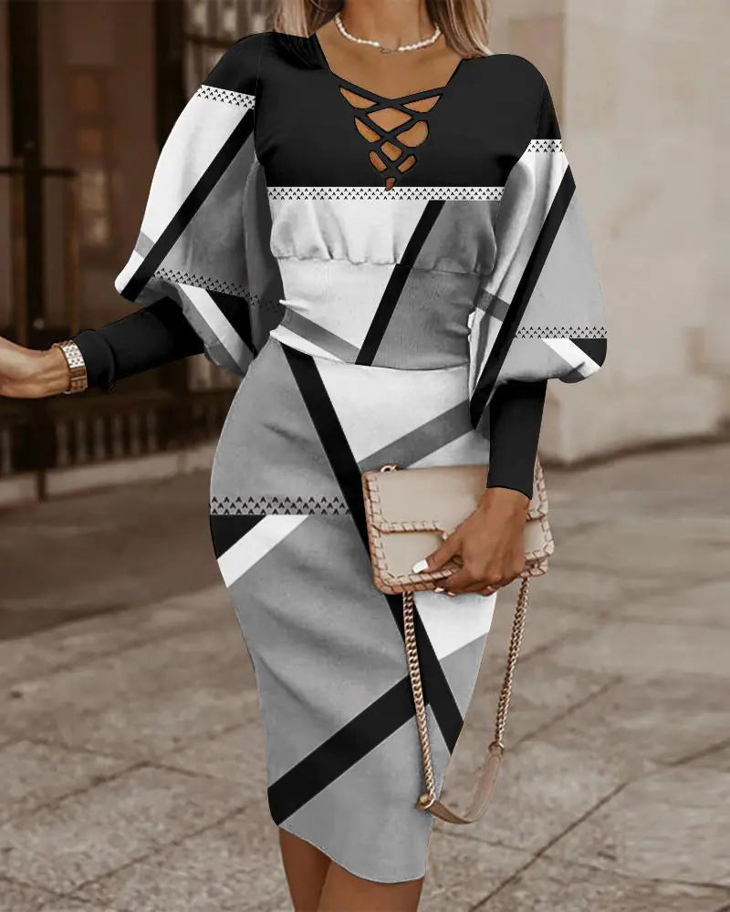 Elegant Women's V-Neck Long Sleeve Pencil Dress by Trendy Attic Store01