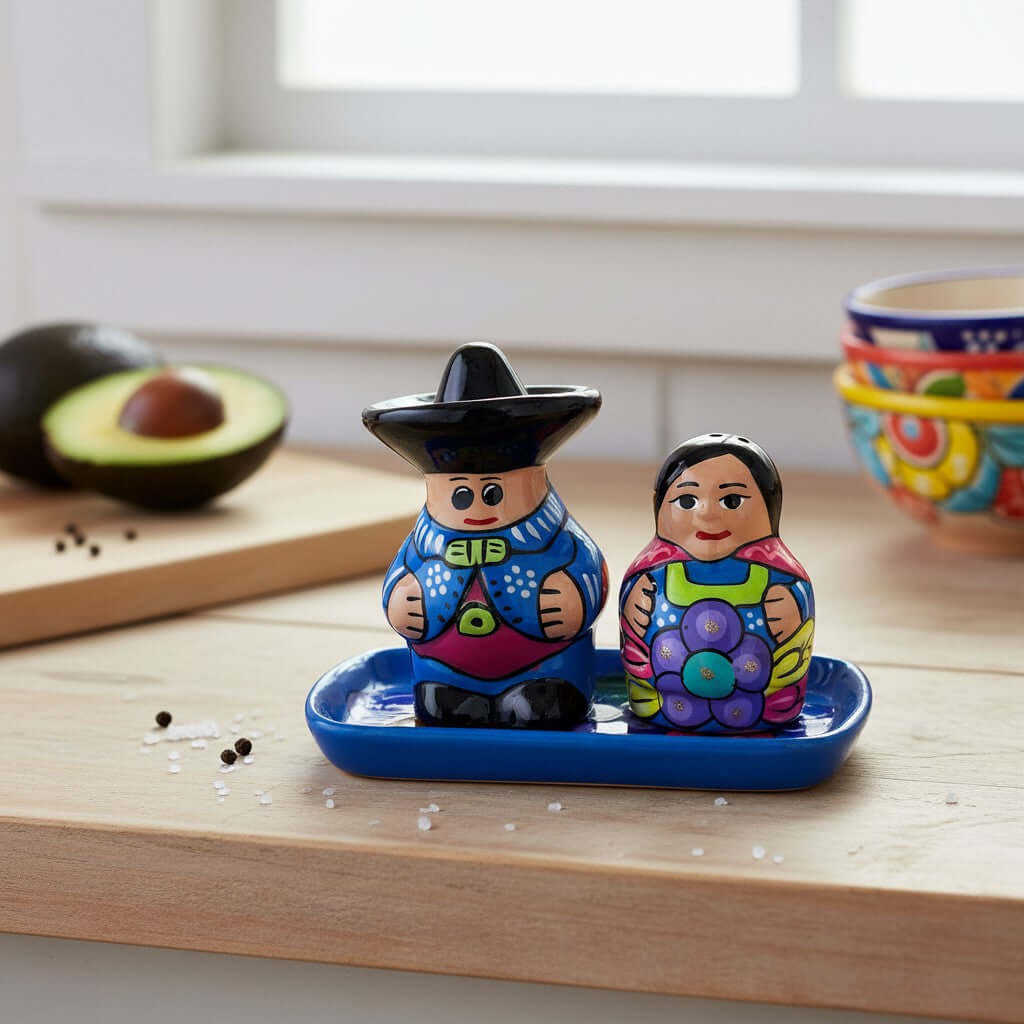 Hand-Painted Talavera Salt & Pepper Shakers | Couple on Tray by The Talavera Hub