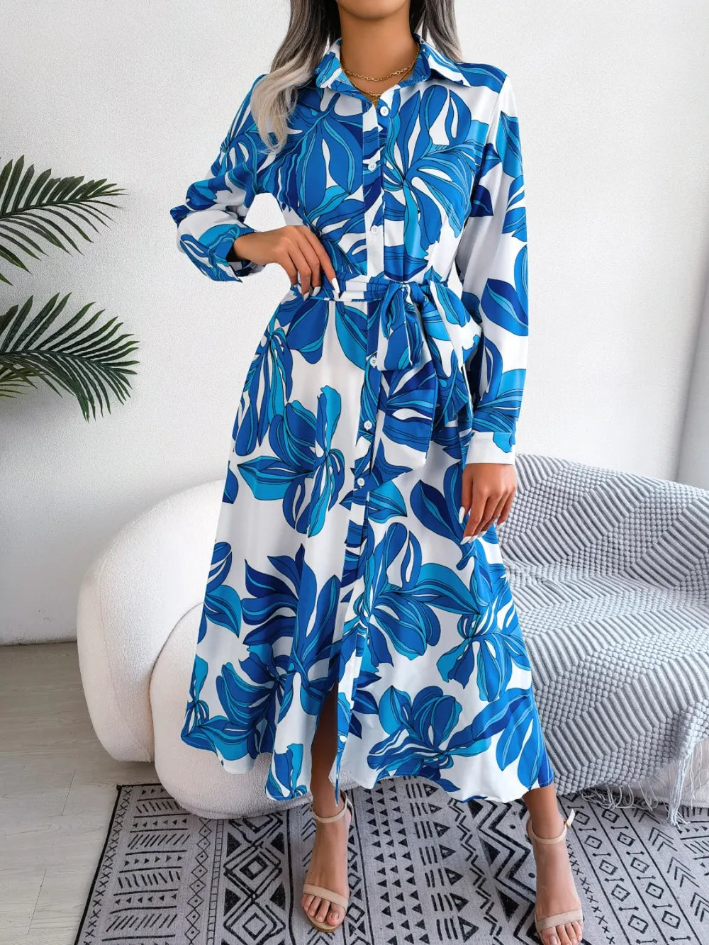 Tied Button Up Long Sleeve Dress by V.I.P Digital Presence