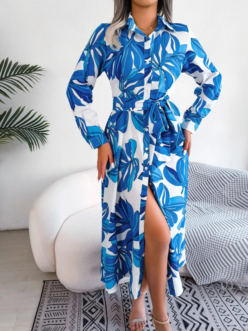 Tied Button Up Long Sleeve Dress by V.I.P Digital Presence