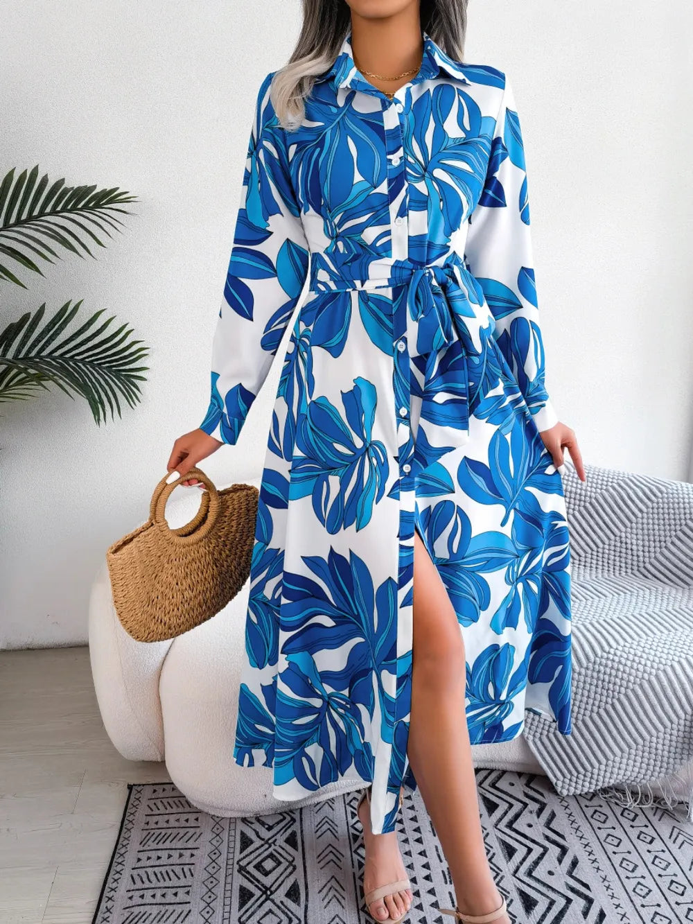 Tied Button Up Long Sleeve Dress by V.I.P Digital Presence