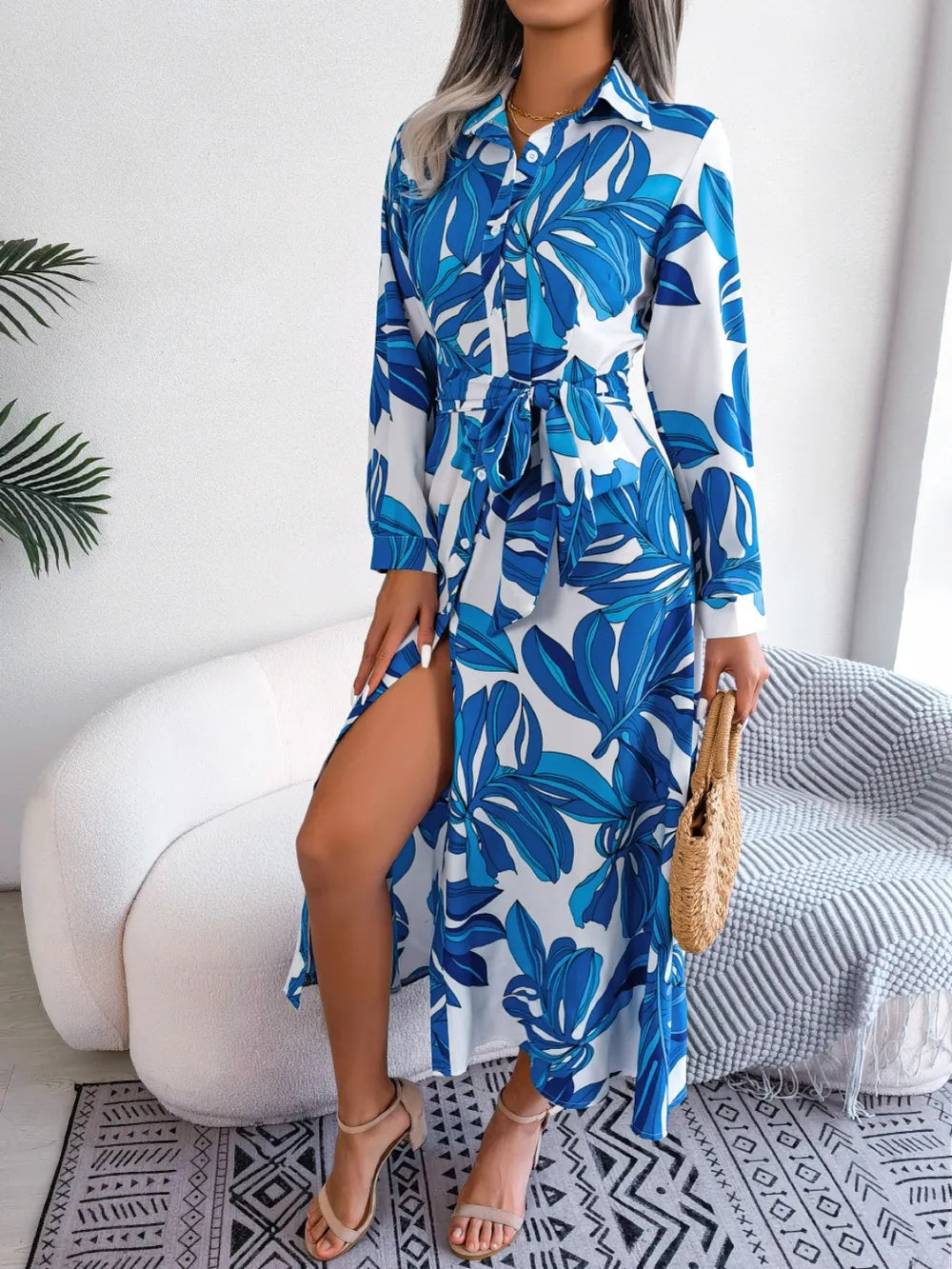 Tied Button Up Long Sleeve Dress by V.I.P Digital Presence
