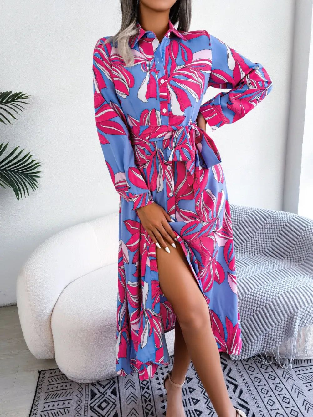 Tied Button Up Long Sleeve Dress by V.I.P Digital Presence