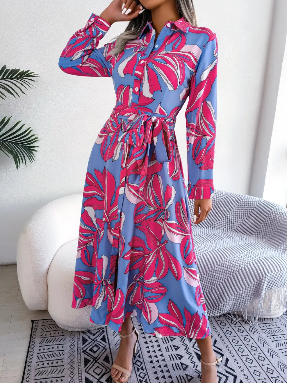 Tied Button Up Long Sleeve Dress by V.I.P Digital Presence