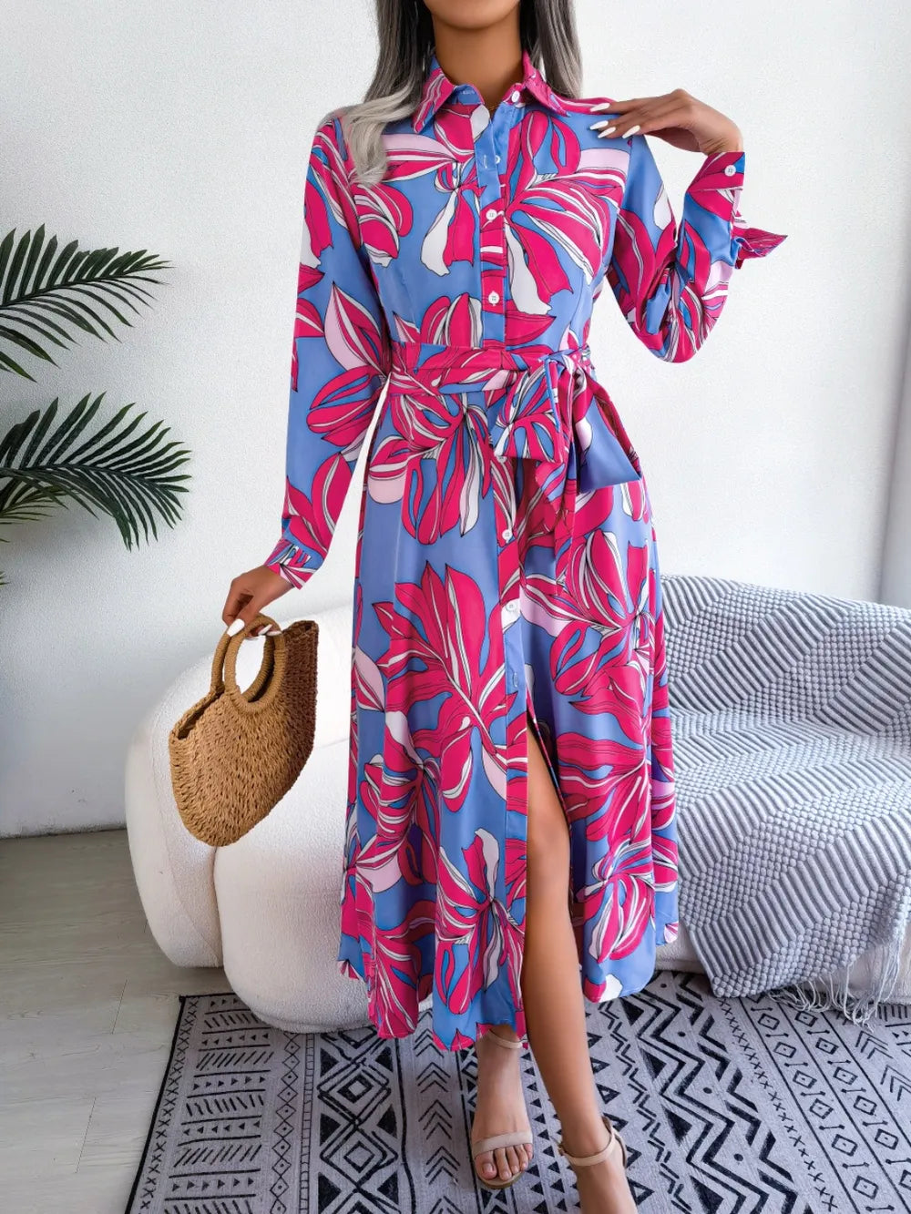 Tied Button Up Long Sleeve Dress by V.I.P Digital Presence