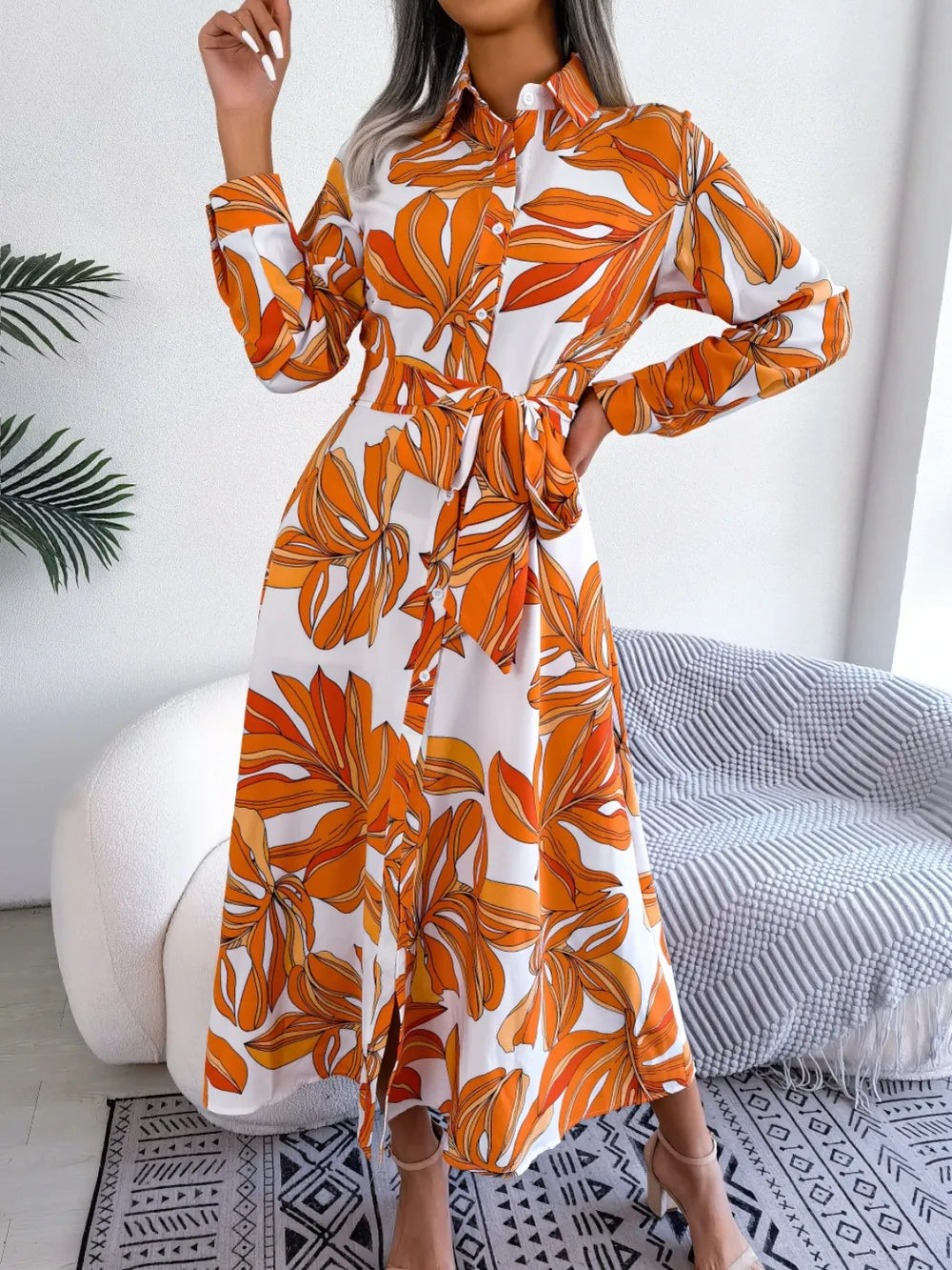 Tied Button Up Long Sleeve Dress by V.I.P Digital Presence