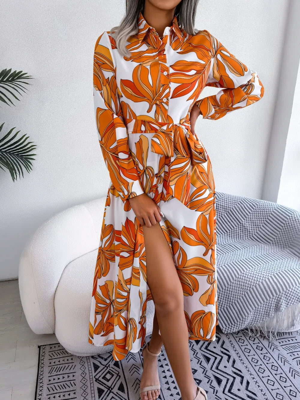 Tied Button Up Long Sleeve Dress by V.I.P Digital Presence