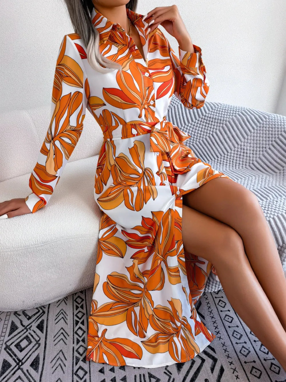 Tied Button Up Long Sleeve Dress by V.I.P Digital Presence
