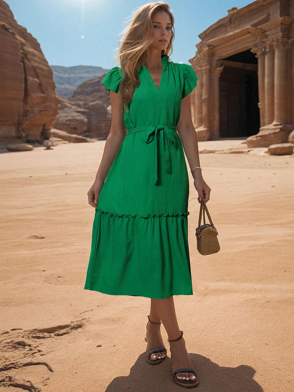 Tied Notched Cap Sleeve Dress by V.I.P Digital Presence