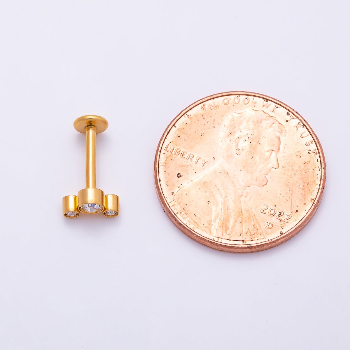 Titanium 11mm Triple Round CZ Bezel Cartilage Piercing Flat Back Stud in Gold & Silver | BJ-00209 BJ-00210 by DLUXCA