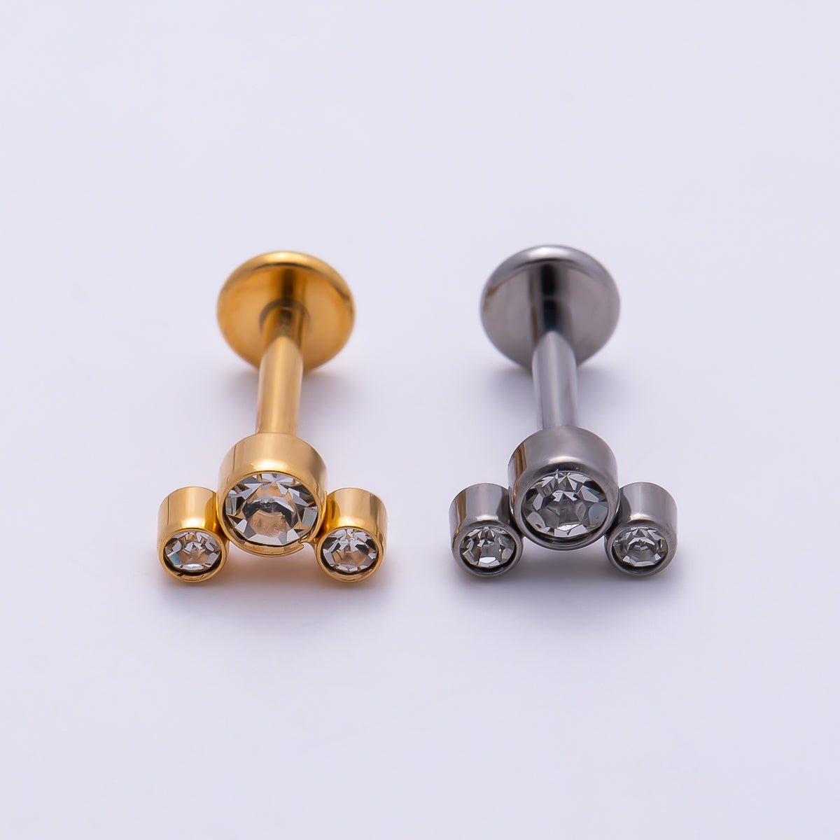 Titanium 11mm Triple Round CZ Bezel Cartilage Piercing Flat Back Stud in Gold & Silver | BJ-00209 BJ-00210 by DLUXCA
