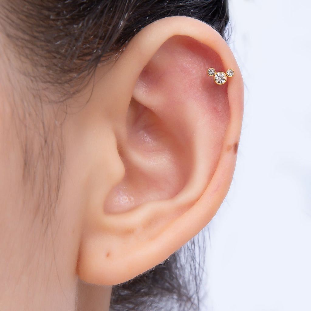Titanium 11mm Triple Round CZ Bezel Cartilage Piercing Flat Back Stud in Gold & Silver | BJ-00209 BJ-00210 by DLUXCA