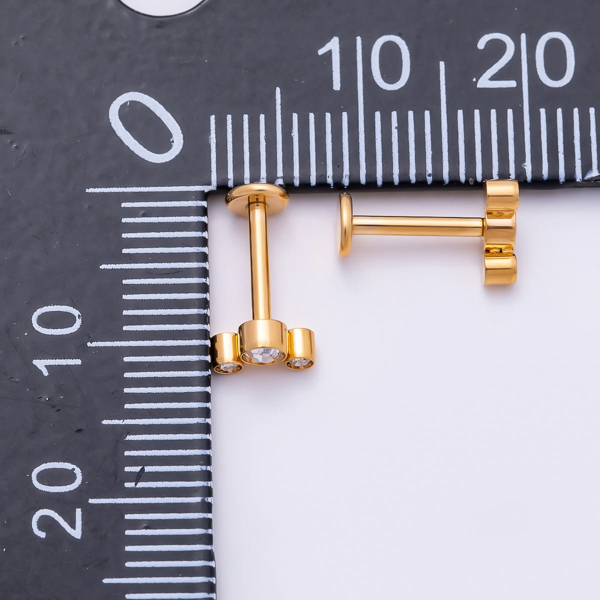 Titanium 11mm Triple Round CZ Bezel Cartilage Piercing Flat Back Stud in Gold & Silver | BJ-00209 BJ-00210 by DLUXCA